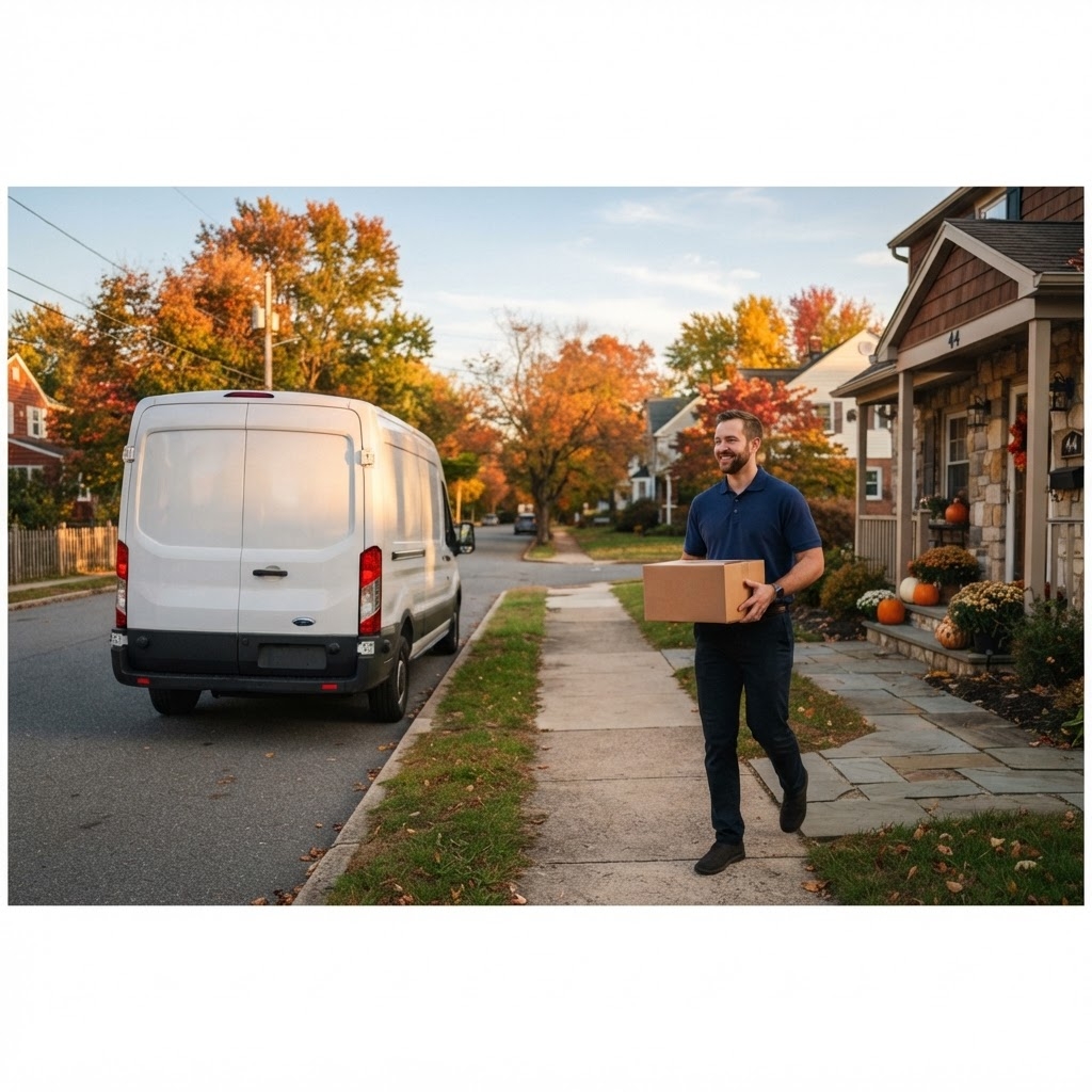 Delivery driver carrying a package from a white cargo van on a residential street