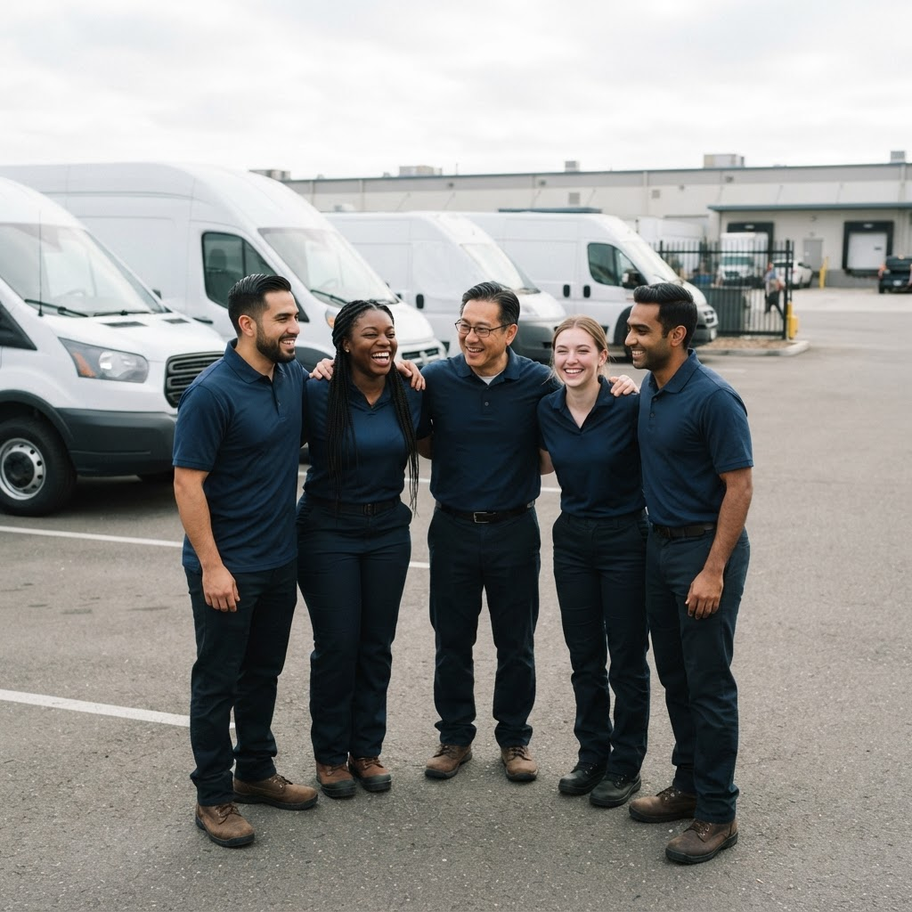Delivery drivers standing together in front of a row of white cargo vans